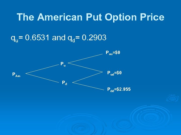 The American Put Option Price qu= 0. 6531 and qd= 0. 2903 Puu=$0 Pu