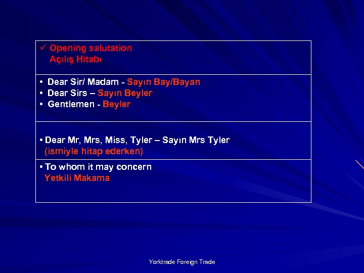 ü Opening salutation Açılış Hitabı • • • Dear Sir/ Madam - Sayın Bay/Bayan