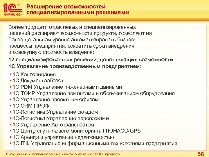 Возможности продукта. Расширение возможностей. Перечень самых востребованных решений фирмы 1с:. Расширяющая способность. Расширенные возможности.