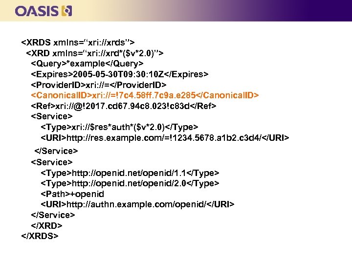 <XRDS xmlns=“xri: //xrds”> <XRD xmlns=“xri: //xrd*($v*2. 0)”> <Query>*example</Query> <Expires>2005 -05 -30 T 09: 30: