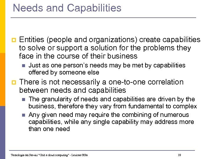 Needs and Capabilities p Entities (people and organizations) create capabilities to solve or support