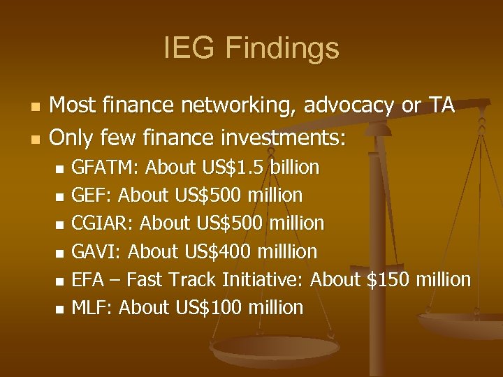 IEG Findings n n Most finance networking, advocacy or TA Only few finance investments: