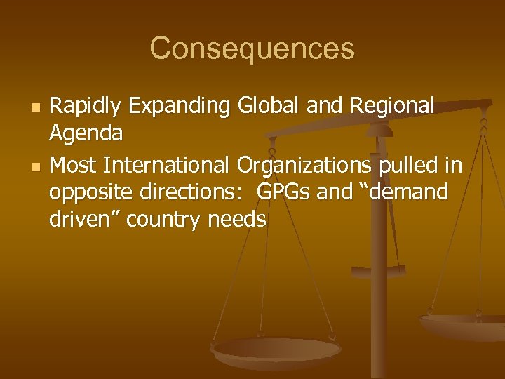 Consequences n n Rapidly Expanding Global and Regional Agenda Most International Organizations pulled in