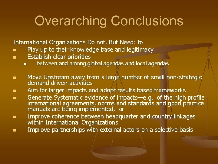 Overarching Conclusions International Organizations Do not. But Need: to n Play up to their