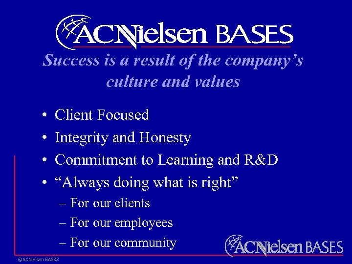 Success is a result of the company’s culture and values • • Client Focused