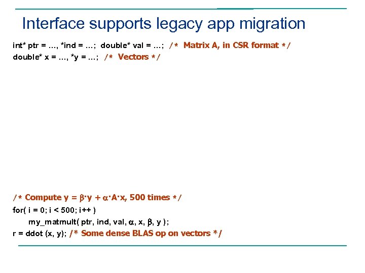 Interface supports legacy app migration int* ptr = …, *ind = …; double* val