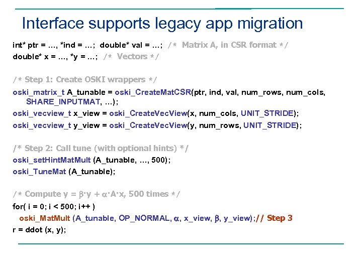 Interface supports legacy app migration int* ptr = …, *ind = …; double* val