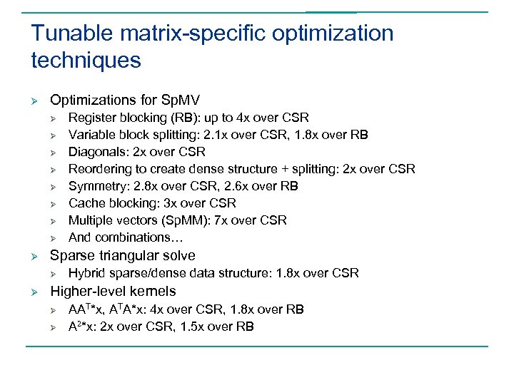 Tunable matrix-specific optimization techniques Ø Optimizations for Sp. MV Ø Ø Ø Ø Ø