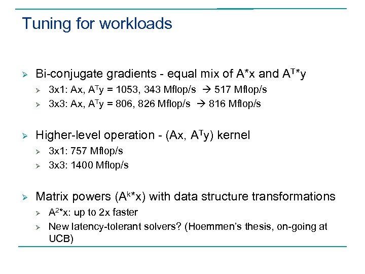 Tuning for workloads Ø Bi-conjugate gradients - equal mix of A*x and AT*y Ø