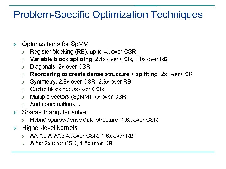 Problem-Specific Optimization Techniques Ø Optimizations for Sp. MV Ø Ø Ø Ø Ø Sparse