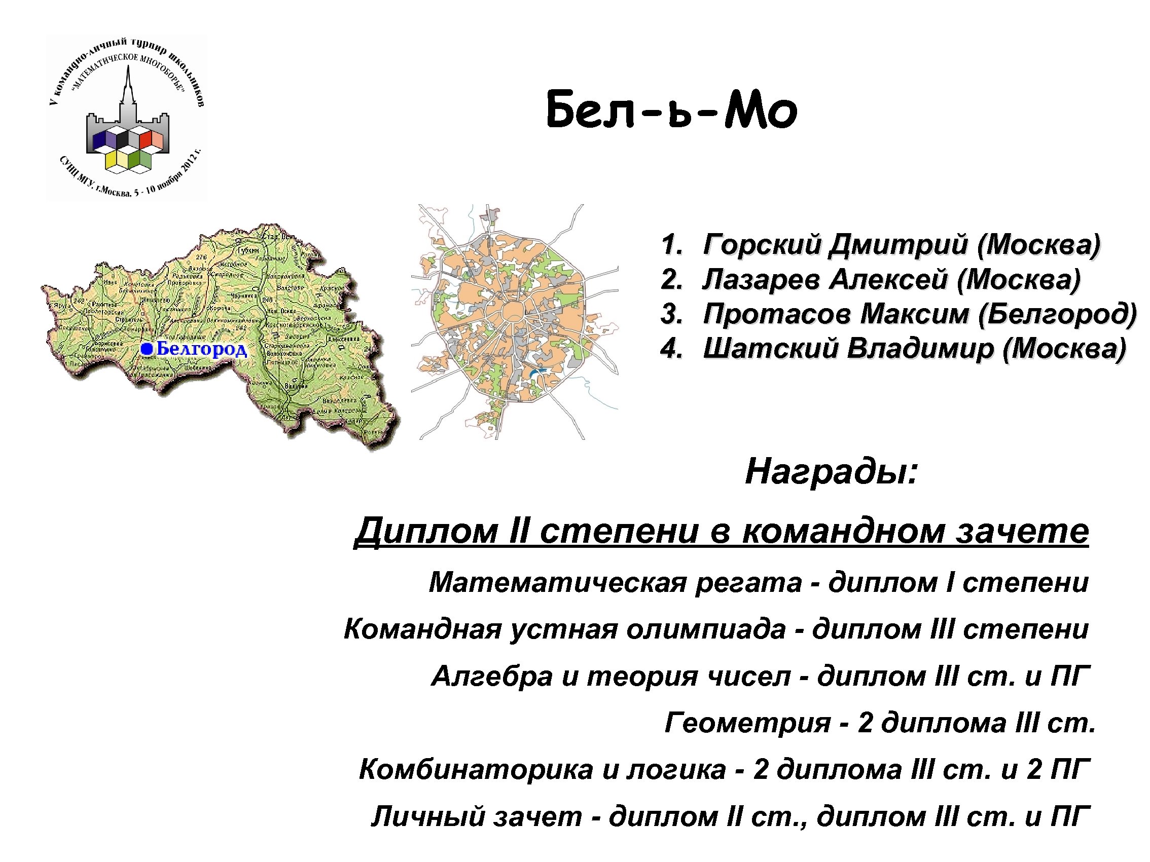 Бел-ь-Мо 1. 2. 3. 4. Горский Дмитрий (Москва) Лазарев Алексей (Москва) Протасов Максим (Белгород)
