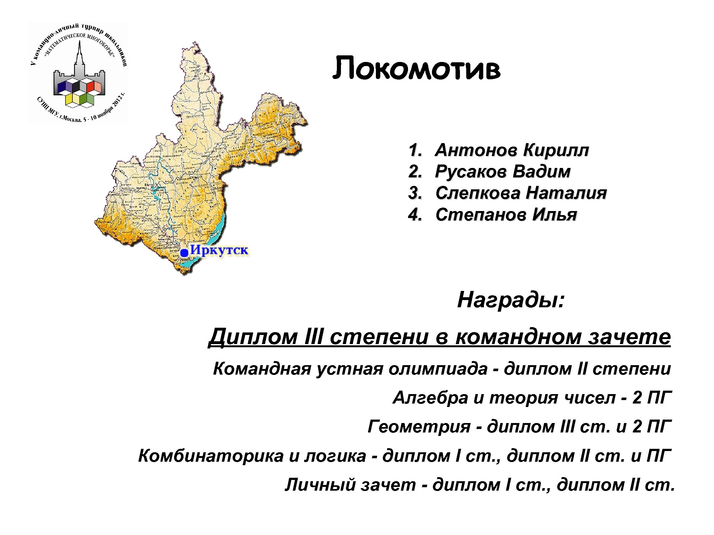Локомотив 1. 2. 3. 4. Антонов Кирилл Русаков Вадим Слепкова Наталия Степанов Илья Награды: