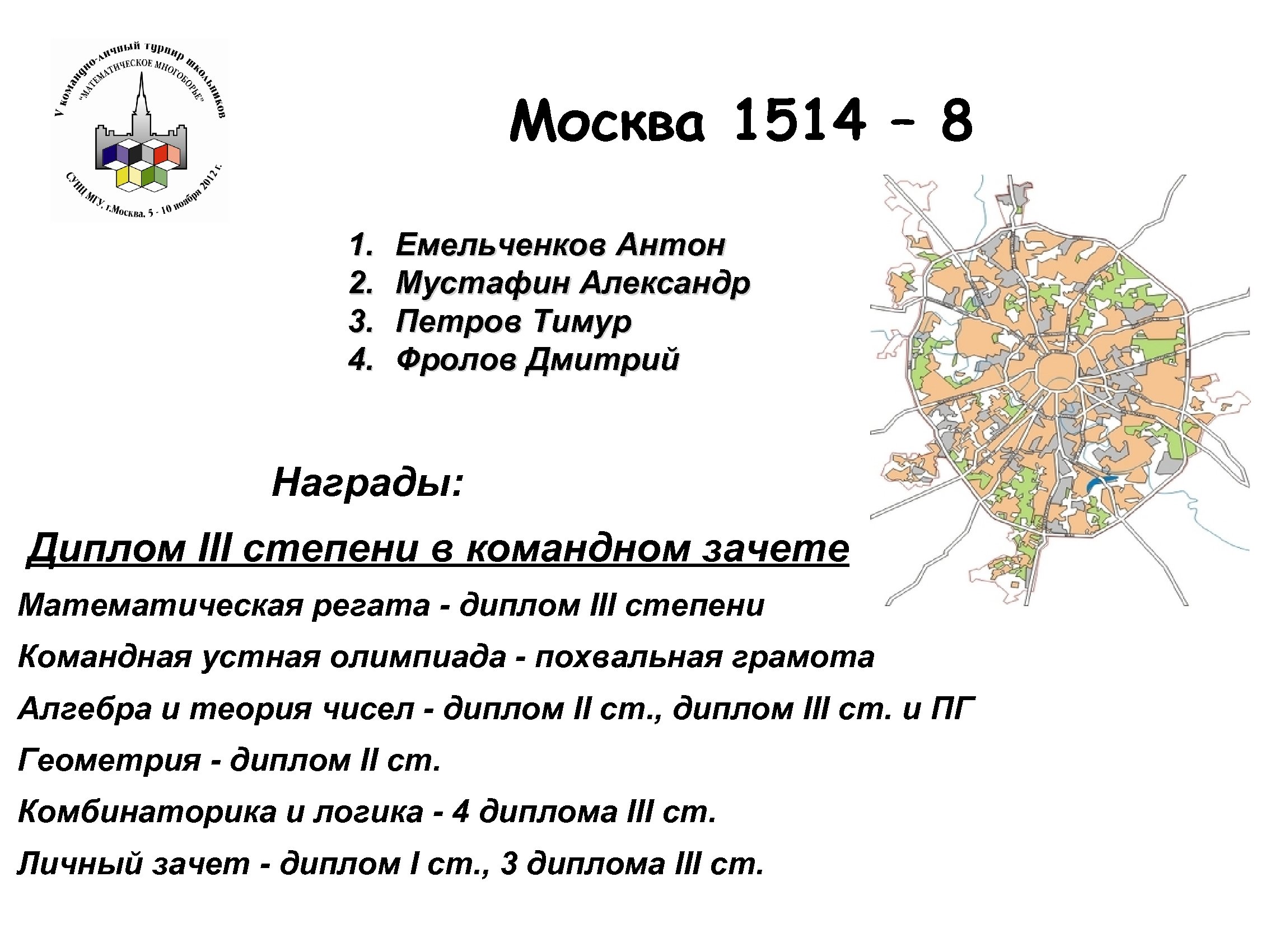 Москва 1514 – 8 1. 2. 3. 4. Емельченков Антон Мустафин Александр Петров Тимур