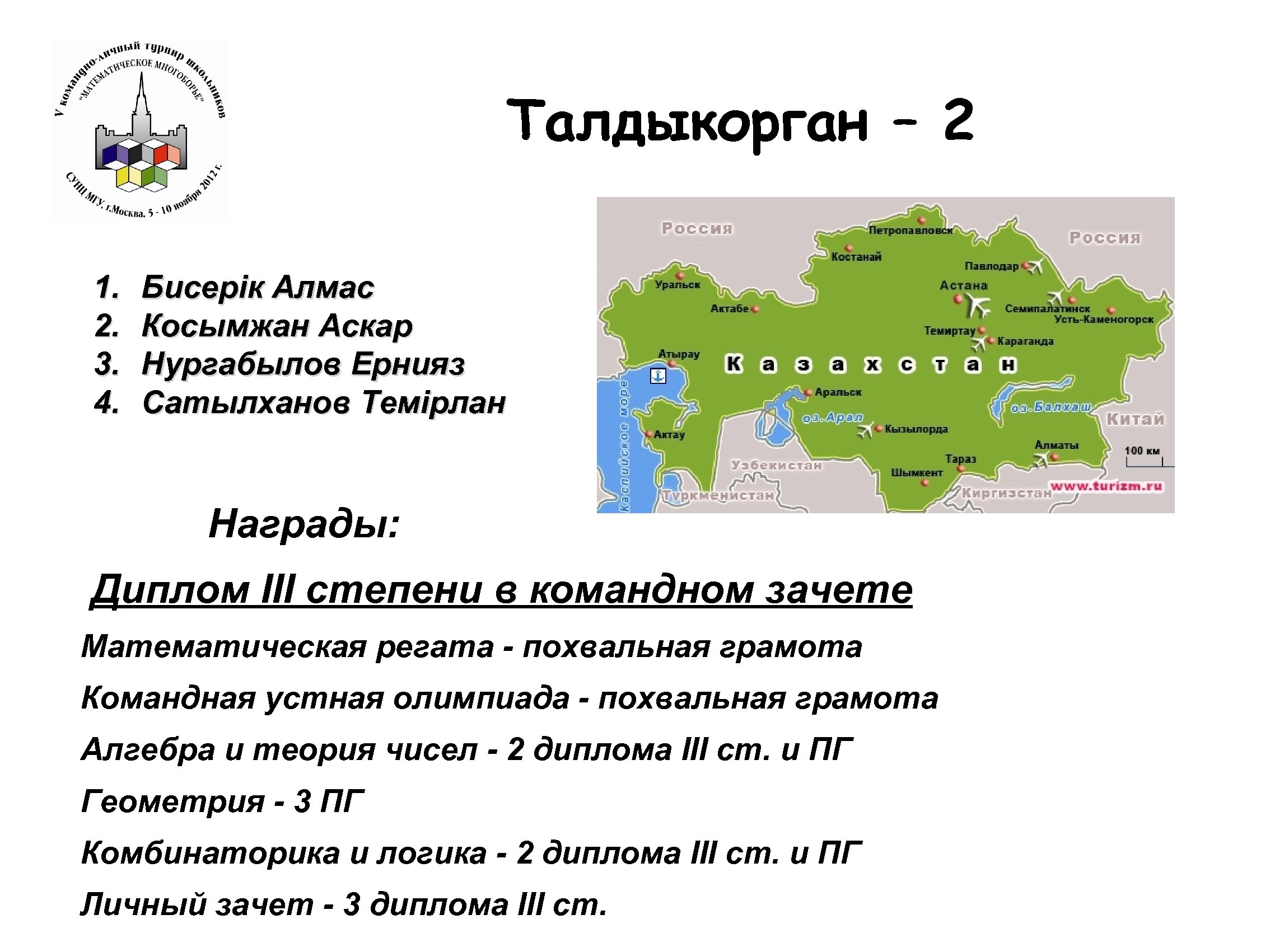 Талдыкорган – 2 1. 2. 3. 4. Бисерік Алмас Косымжан Аскар Нургабылов Ернияз Сатылханов