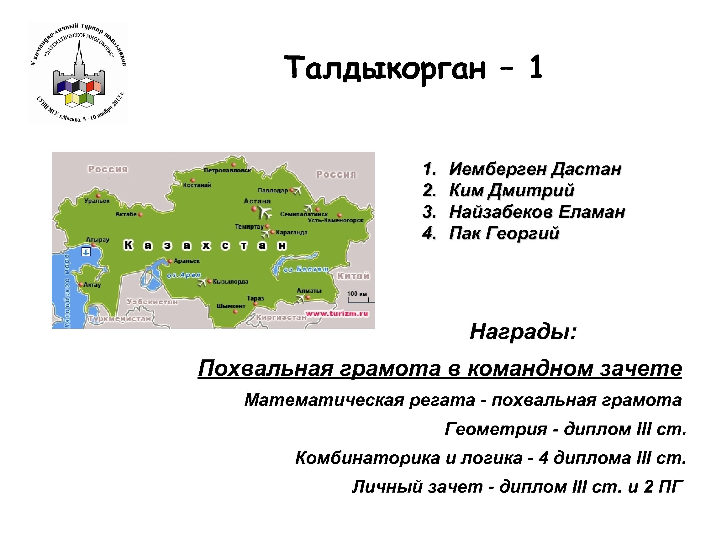 Талдыкорган – 1 1. 2. 3. 4. Иемберген Дастан Ким Дмитрий Найзабеков Еламан Пак
