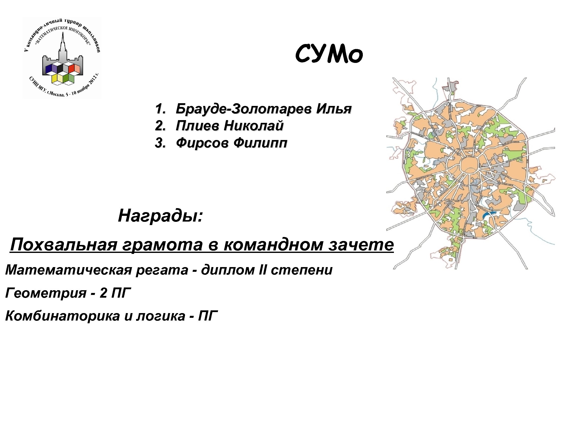 СУМо 1. 2. 3. Брауде-Золотарев Илья Плиев Николай Фирсов Филипп Награды: Похвальная грамота в