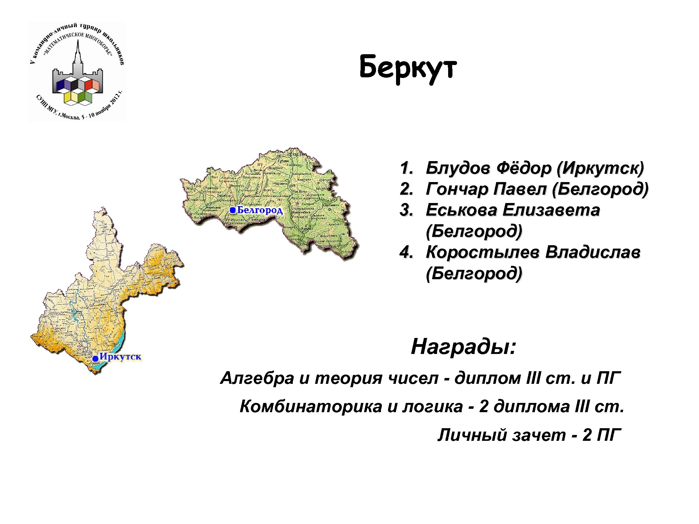 Беркут 1. 2. 3. Блудов Фёдор (Иркутск) Гончар Павел (Белгород) Еськова Елизавета (Белгород) 4.