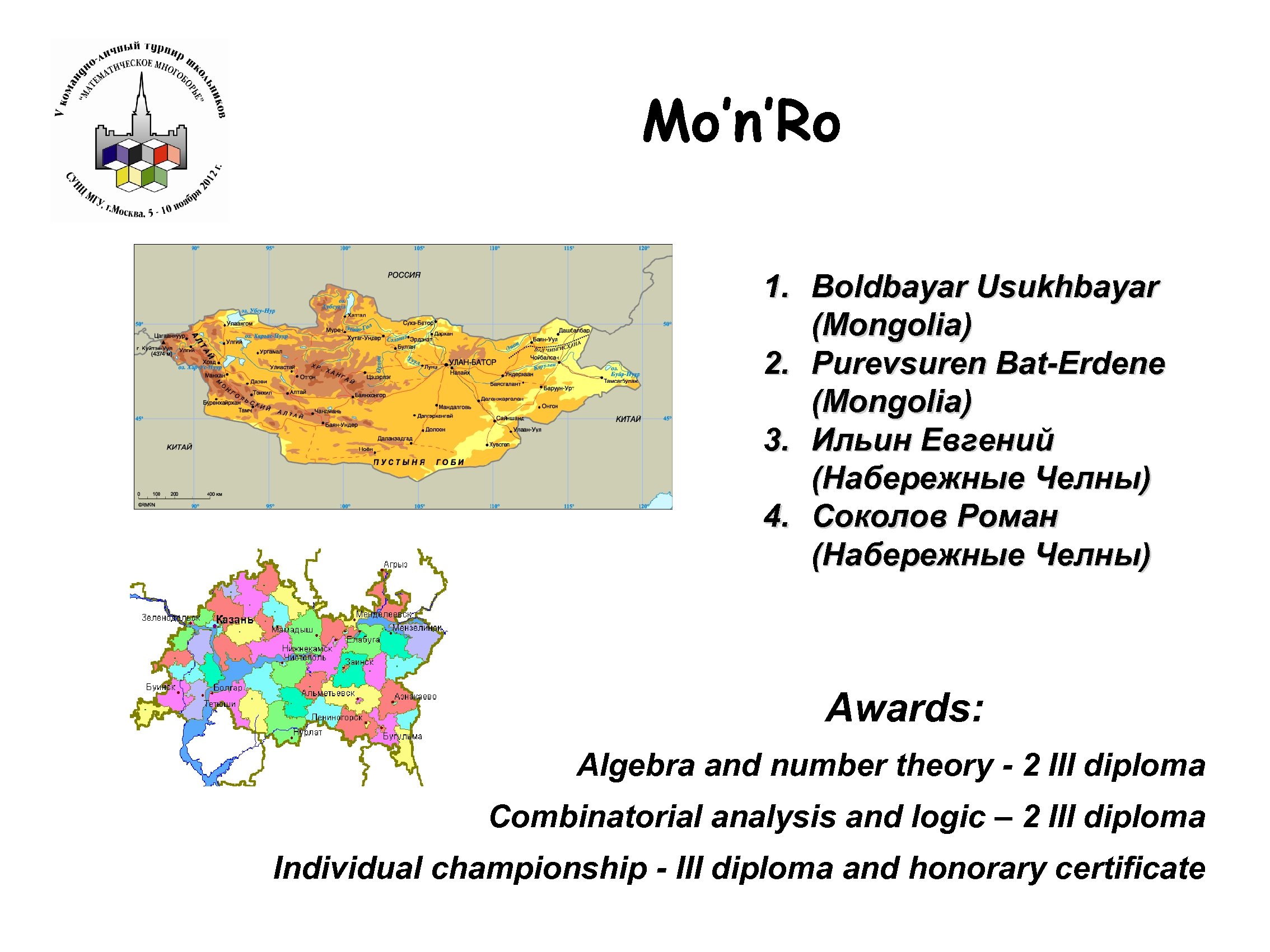 Mo’n’Ro 1. Boldbayar Usukhbayar (Mongolia) 2. Purevsuren Bat-Erdene (Mongolia) 3. Ильин Евгений (Набережные Челны)