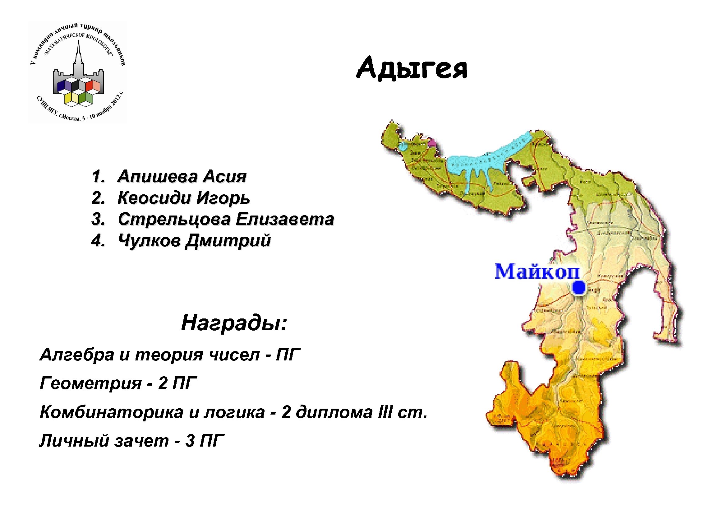 Адыгея 1. 2. 3. 4. Апишева Асия Кеосиди Игорь Стрельцова Елизавета Чулков Дмитрий Награды: