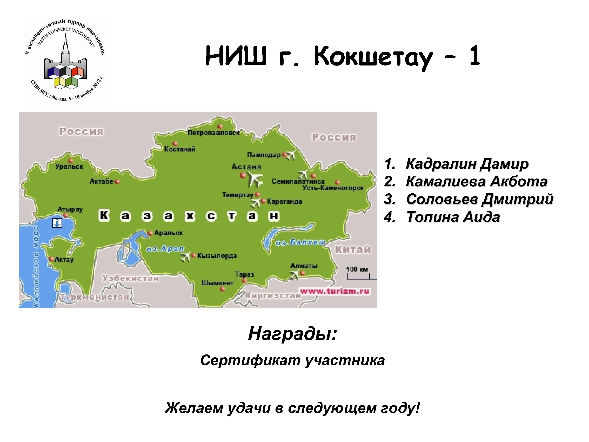 НИШ г. Кокшетау – 1 1. 2. 3. 4. Кадралин Дамир Камалиева Акбота Соловьев