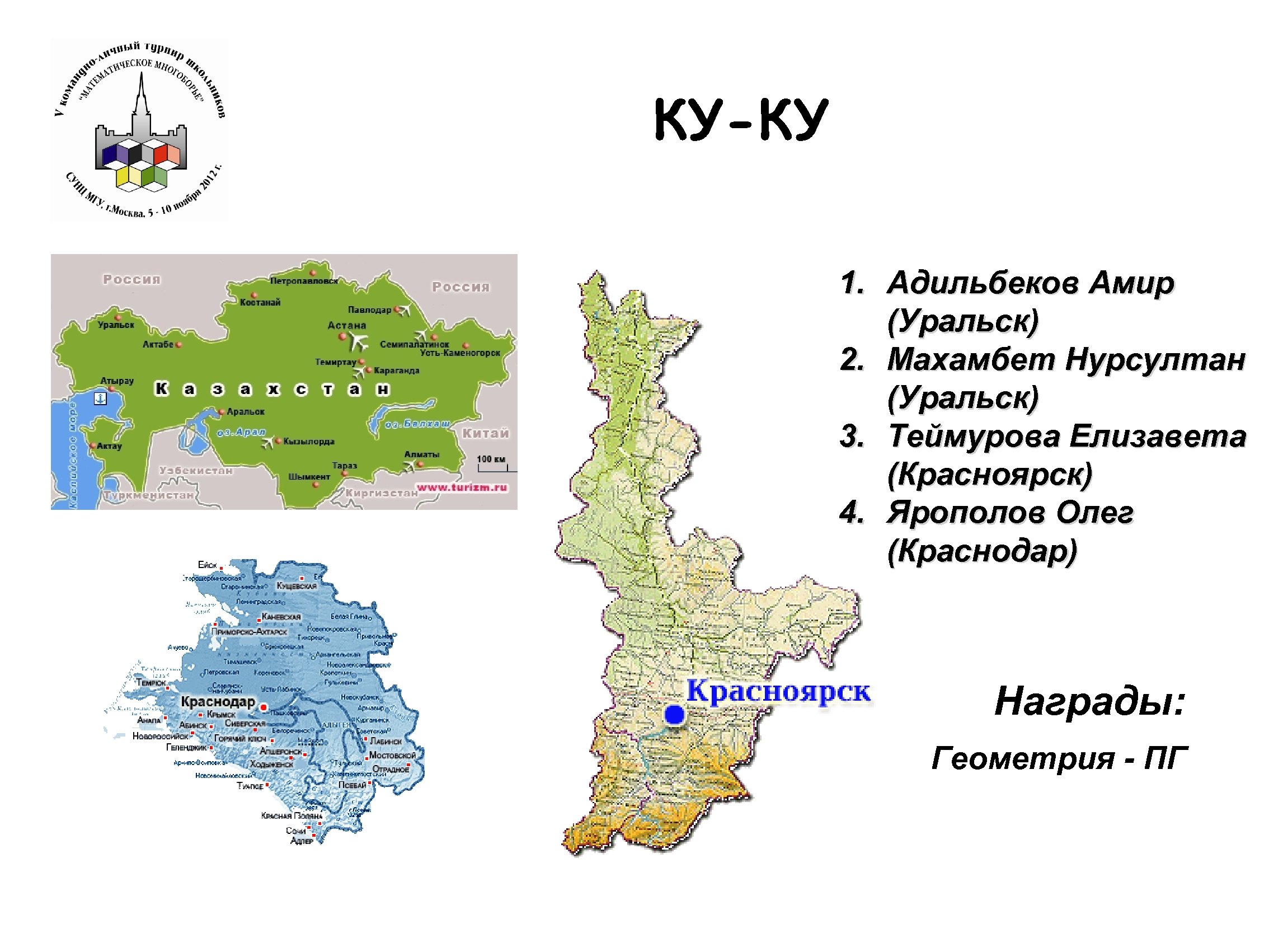 КУ-КУ 1. Адильбеков Амир (Уральск) 2. Махамбет Нурсултан (Уральск) 3. Теймурова Елизавета (Красноярск) 4.