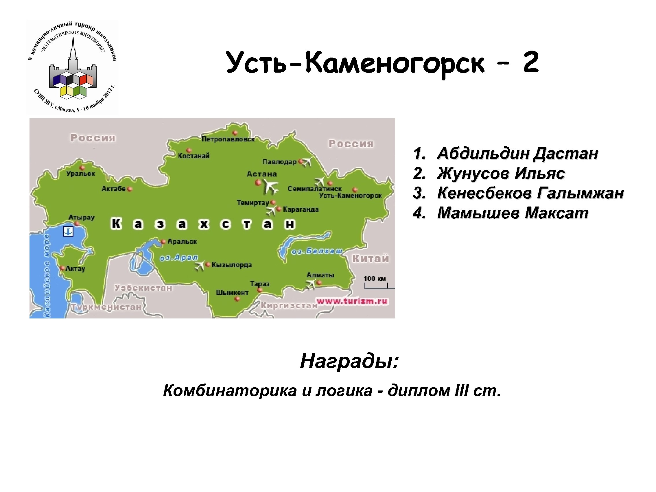 Усть-Каменогорск – 2 1. 2. 3. 4. Абдильдин Дастан Жунусов Ильяс Кенесбеков Галымжан Мамышев