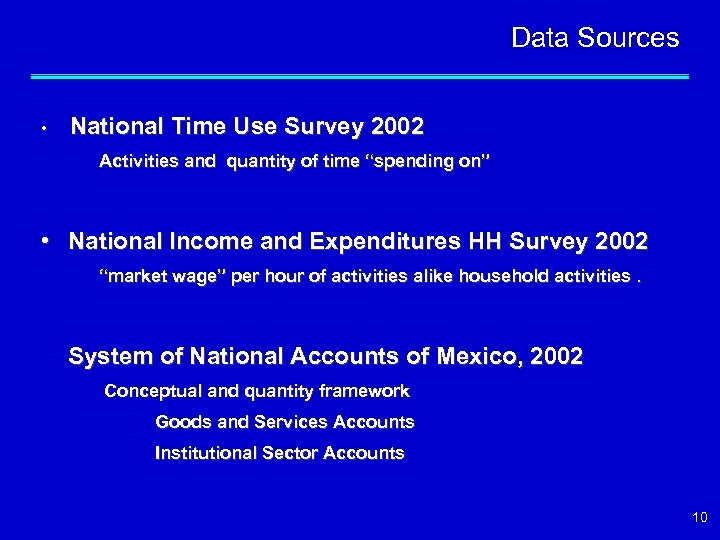 Data Sources • National Time Use Survey 2002 Activities and quantity of time “spending