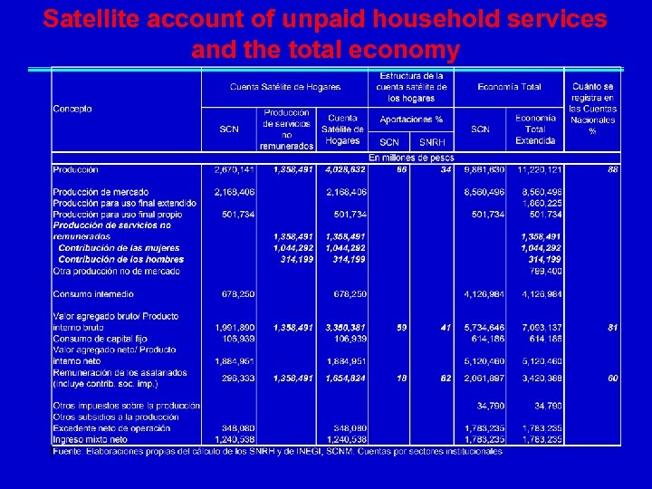 Satellite account of unpaid household services and the total economy 