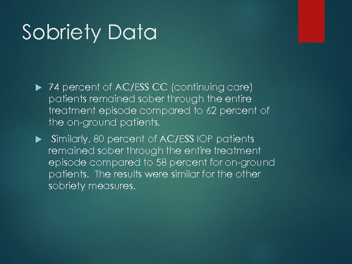 Sobriety Data 74 percent of AC/ESS CC (continuing care) patients remained sober through the