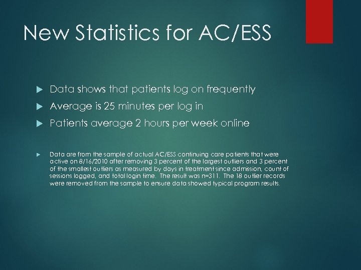 New Statistics for AC/ESS Data shows that patients log on frequently Average is 25