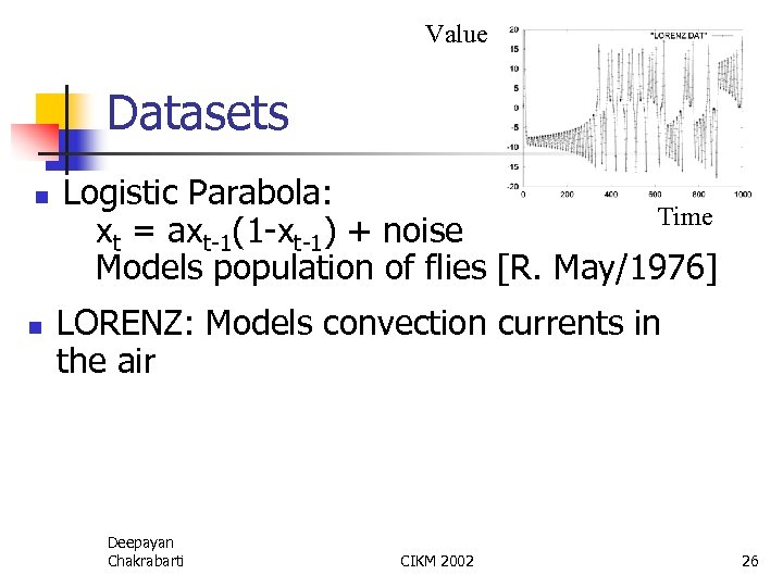 Value Datasets n n Logistic Parabola: Time xt = axt-1(1 -xt-1) + noise Models