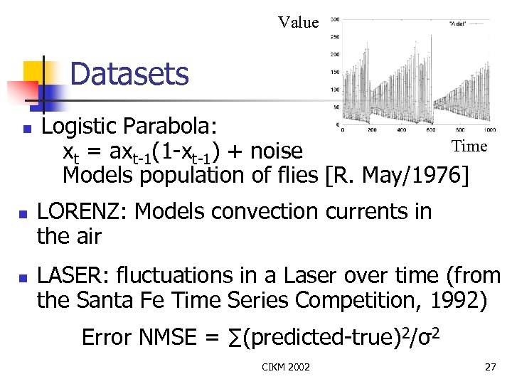 Value Datasets n n n Logistic Parabola: Time xt = axt-1(1 -xt-1) + noise