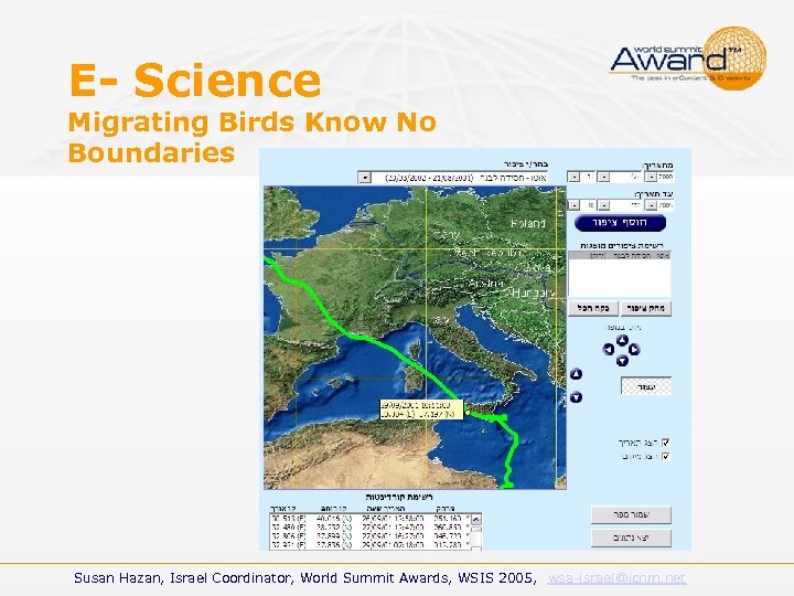 E- Science Migrating Birds Know No Boundaries Susan Hazan, Israel Coordinator, World Summit Awards,
