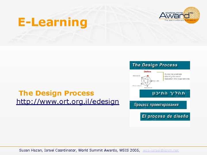 E-Learning The Design Process http: //www. ort. org. il/edesign Susan Hazan, Israel Coordinator, World