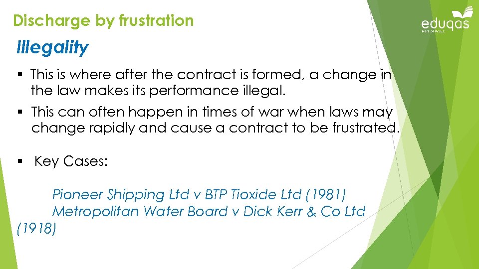 Discharge by frustration Illegality § This is where after the contract is formed, a