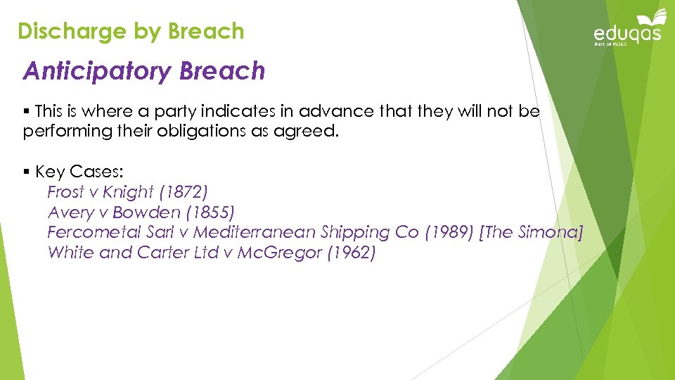 Discharge by Breach Anticipatory Breach § This is where a party indicates in advance