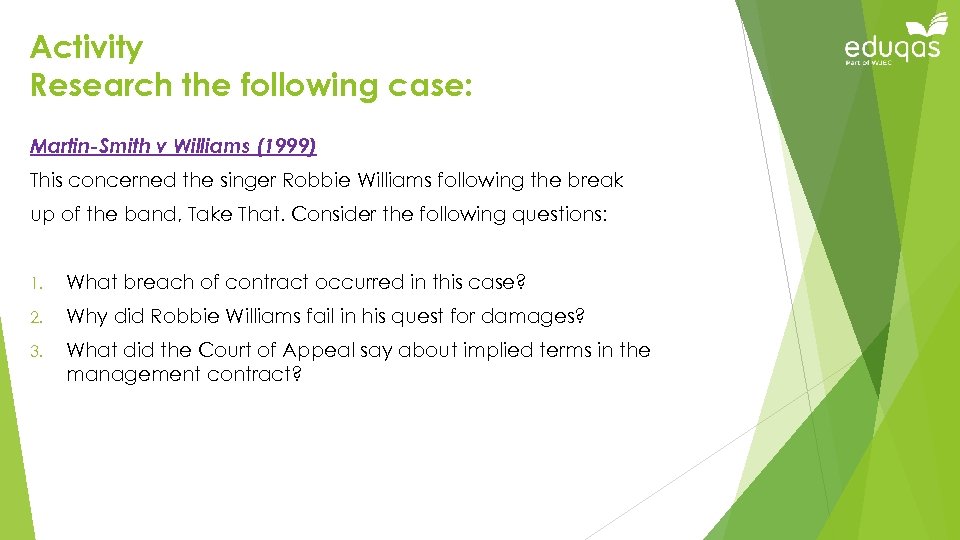 Activity Research the following case: Martin-Smith v Williams (1999) This concerned the singer Robbie