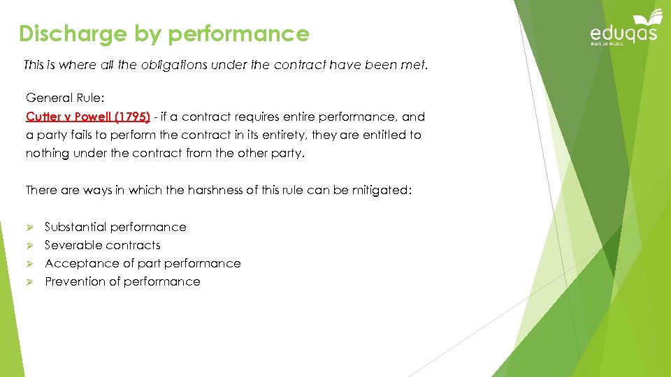 Discharge by performance This is where all the obligations under the contract have been