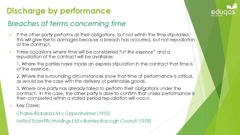 Discharge by performance Breaches of terms concerning time § If the other party performs