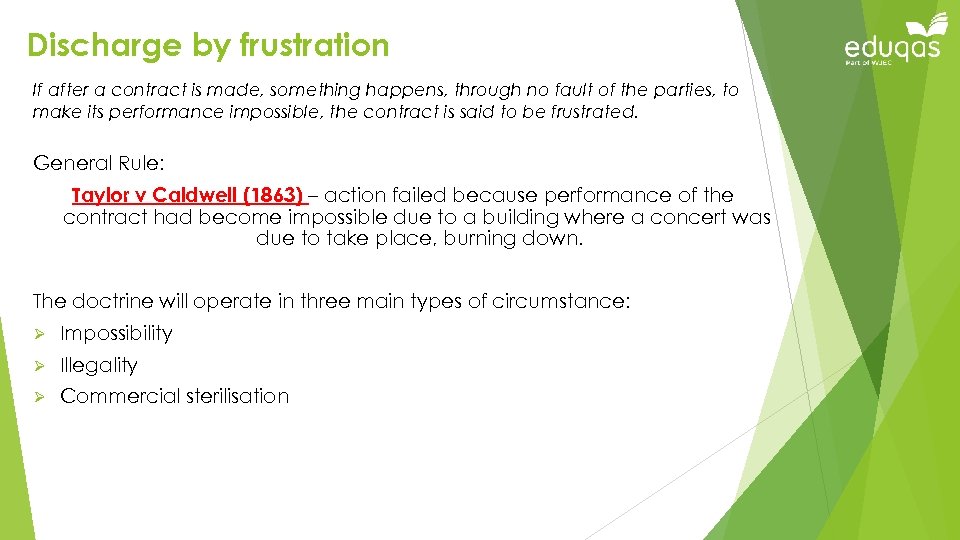 Discharge by frustration If after a contract is made, something happens, through no fault