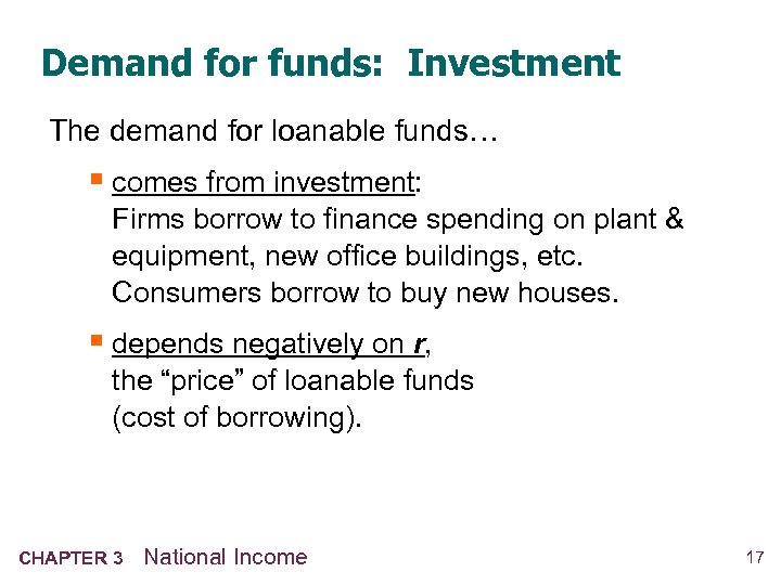 Demand for funds: Investment The demand for loanable funds… § comes from investment: Firms