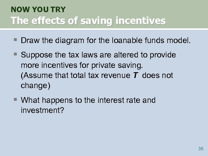 NOW YOU TRY The effects of saving incentives § Draw the diagram for the