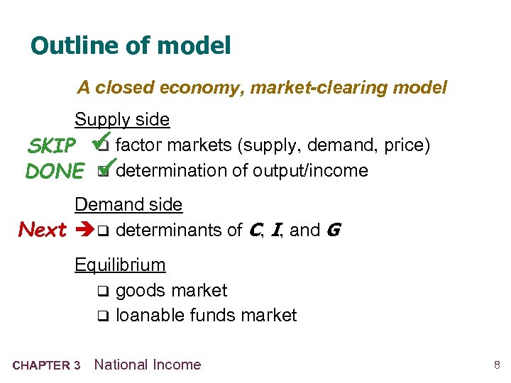 Outline of model A closed economy, market-clearing model Supply side q SKIP factor markets