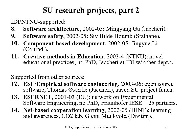 SU research projects, part 2 IDI/NTNU-supported: 8. Software architecture, 2002 -05: Mingyang Gu (Jaccheri).