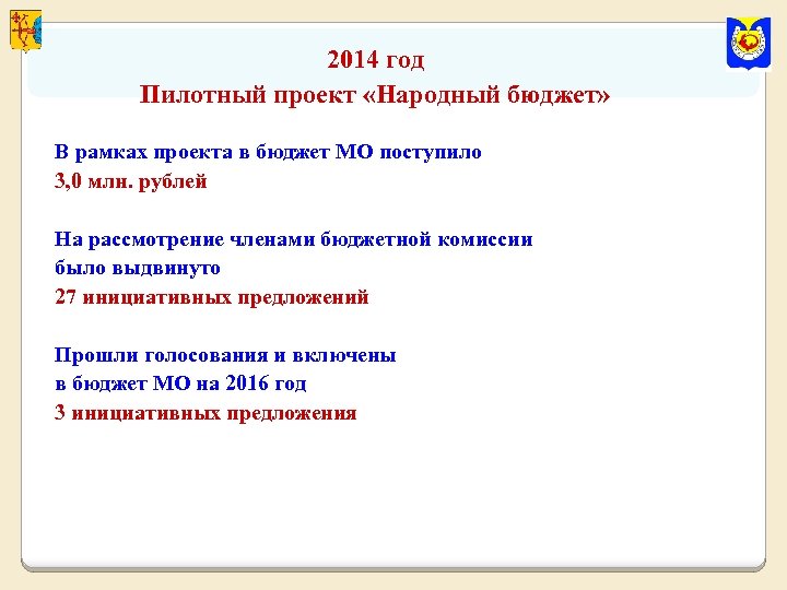 2014 год Пилотный проект «Народный бюджет» В рамках проекта в бюджет МО поступило 3,