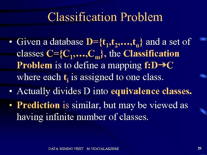 Classification Problem • Given a database D={t 1, t 2, …, tn} and a