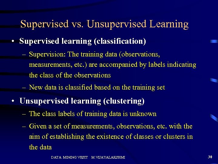Supervised vs. Unsupervised Learning • Supervised learning (classification) – Supervision: The training data (observations,