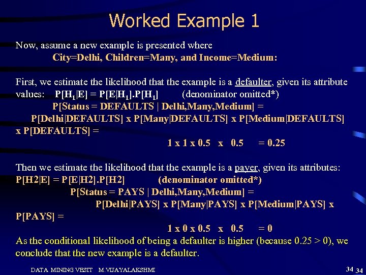 Worked Example 1 Now, assume a new example is presented where City=Delhi, Children=Many, and