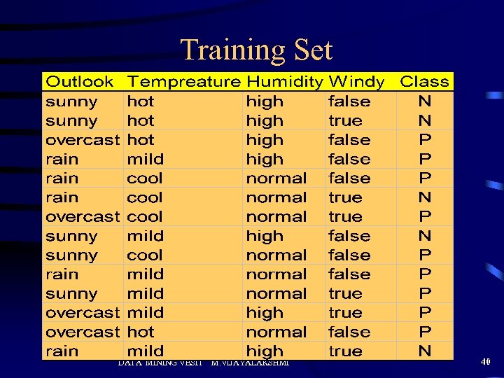 Training Set DATA MINING VESIT M. VIJAYALAKSHMI 40 