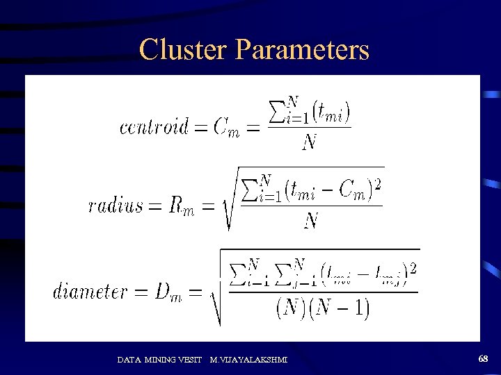 Cluster Parameters DATA MINING VESIT M. VIJAYALAKSHMI 68 